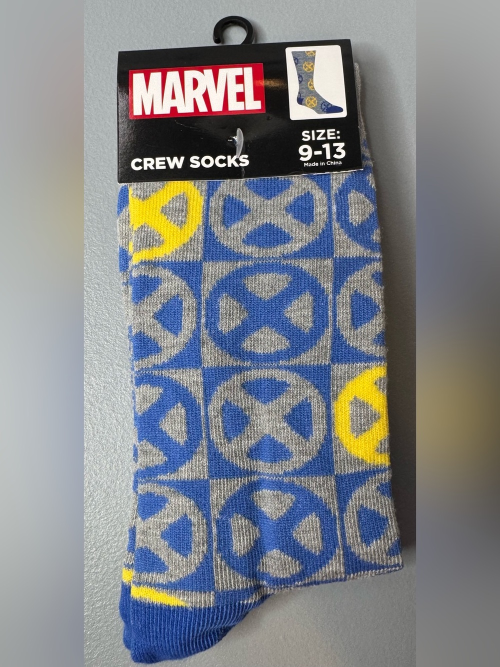 Disney Marvel Men's X-Men Crew Socks - Blue/Gray/Yellow logo Wolverine